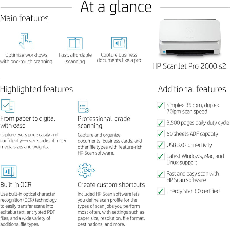 HP Scanjet Pro 2000 s2 Sheet-Feed Scanner (6FW06A)